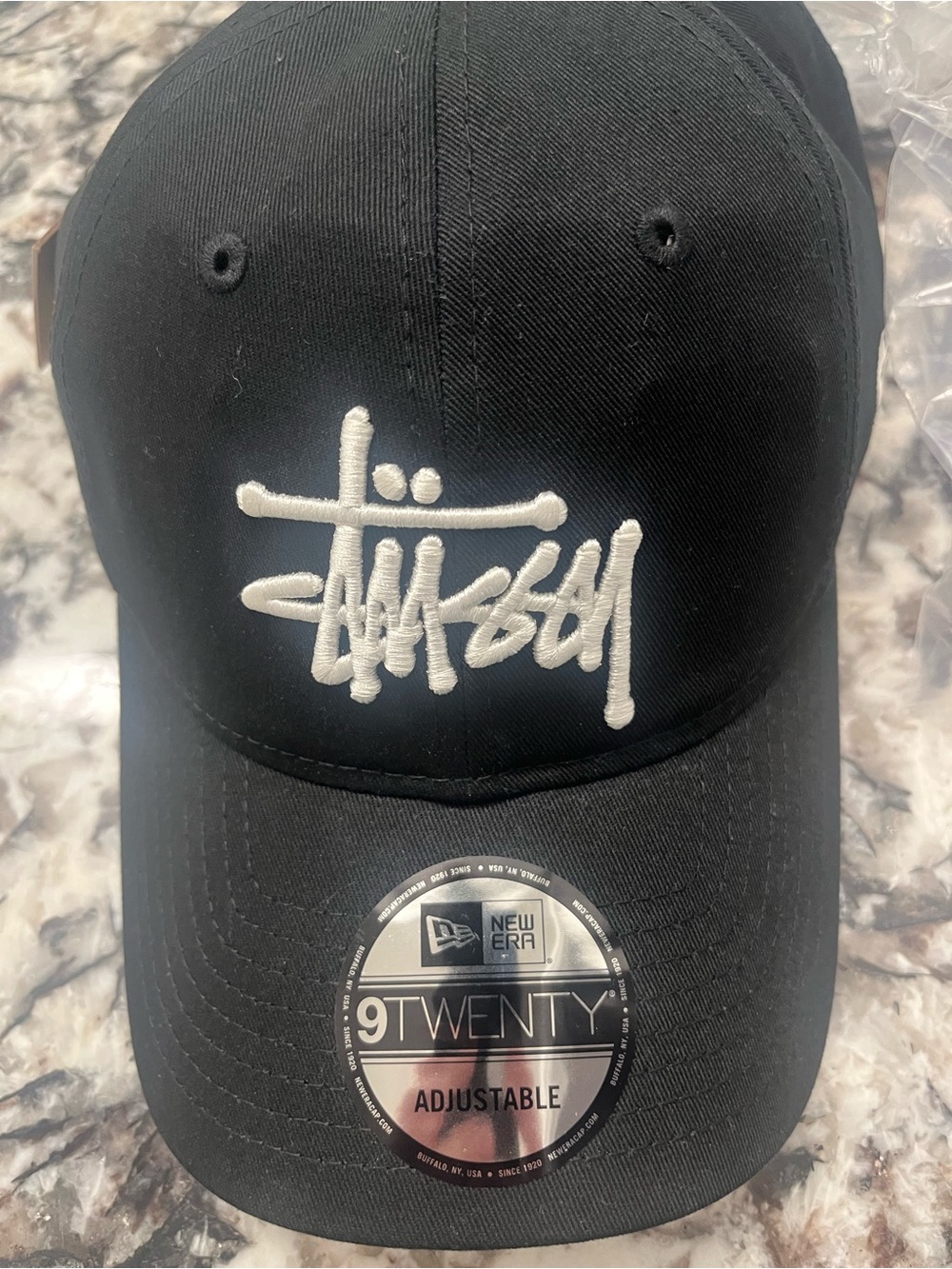 New Era Black Baseball Cap with White Stüssy Script